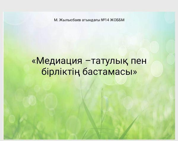 "Медиация –татулық пен бірліктің бастамасы " тақырыбында 11.10.2022 күні жоспарды басшылыққа ала отырып, 9-11 сынып оқушыларына медиациялық жиналыс өткізілді, презентация ұсынылды.